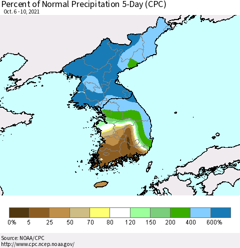 Korea Percent of Normal Precipitation 5-Day (CPC) Thematic Map For 10/6/2021 - 10/10/2021