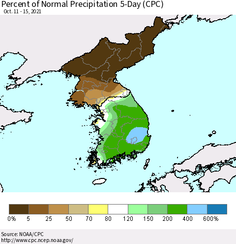 Korea Percent of Normal Precipitation 5-Day (CPC) Thematic Map For 10/11/2021 - 10/15/2021