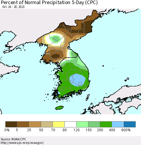 Korea Percent of Normal Precipitation 5-Day (CPC) Thematic Map For 10/16/2021 - 10/20/2021