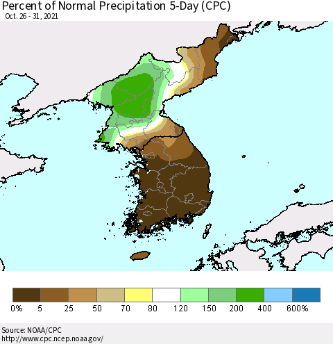 Korea Percent of Normal Precipitation 5-Day (CPC) Thematic Map For 10/26/2021 - 10/31/2021