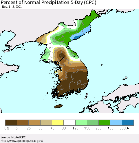 Korea Percent of Normal Precipitation 5-Day (CPC) Thematic Map For 11/1/2021 - 11/5/2021