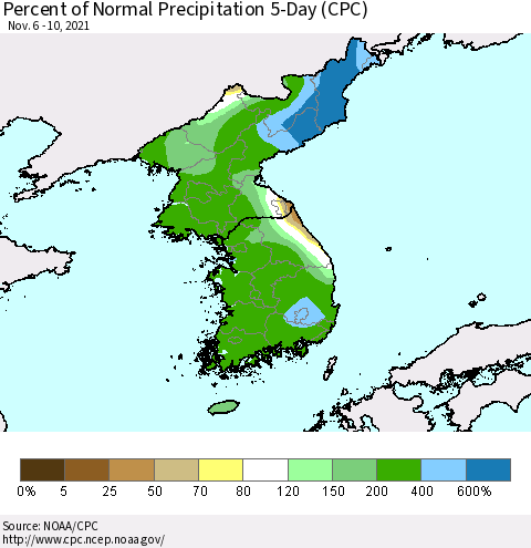 Korea Percent of Normal Precipitation 5-Day (CPC) Thematic Map For 11/6/2021 - 11/10/2021
