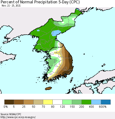 Korea Percent of Normal Precipitation 5-Day (CPC) Thematic Map For 11/21/2021 - 11/25/2021