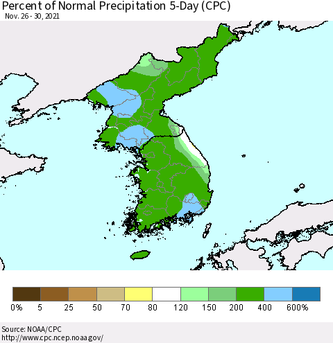 Korea Percent of Normal Precipitation 5-Day (CPC) Thematic Map For 11/26/2021 - 11/30/2021