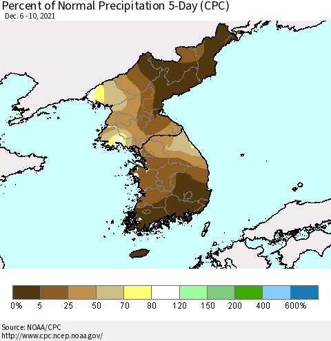 Korea Percent of Normal Precipitation 5-Day (CPC) Thematic Map For 12/6/2021 - 12/10/2021