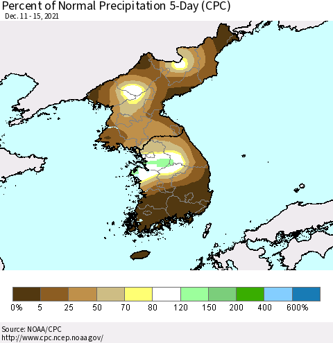 Korea Percent of Normal Precipitation 5-Day (CPC) Thematic Map For 12/11/2021 - 12/15/2021