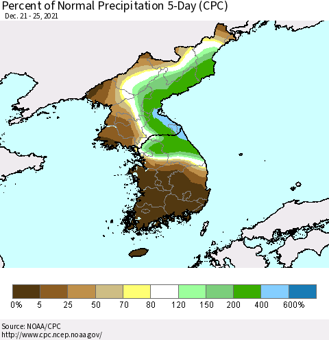 Korea Percent of Normal Precipitation 5-Day (CPC) Thematic Map For 12/21/2021 - 12/25/2021