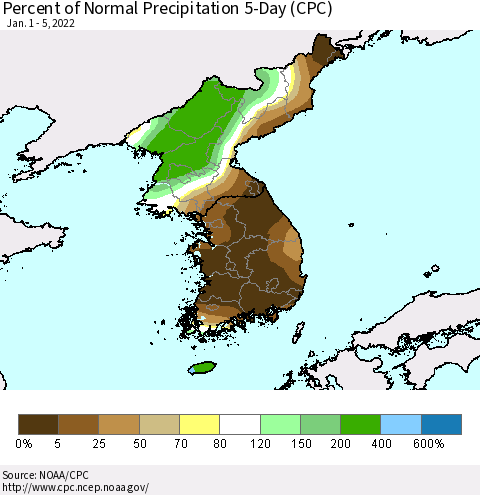 Korea Percent of Normal Precipitation 5-Day (CPC) Thematic Map For 1/1/2022 - 1/5/2022