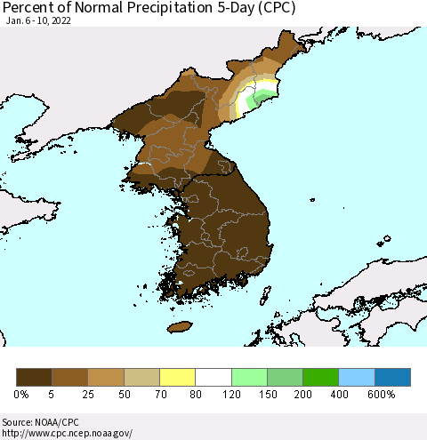 Korea Percent of Normal Precipitation 5-Day (CPC) Thematic Map For 1/6/2022 - 1/10/2022