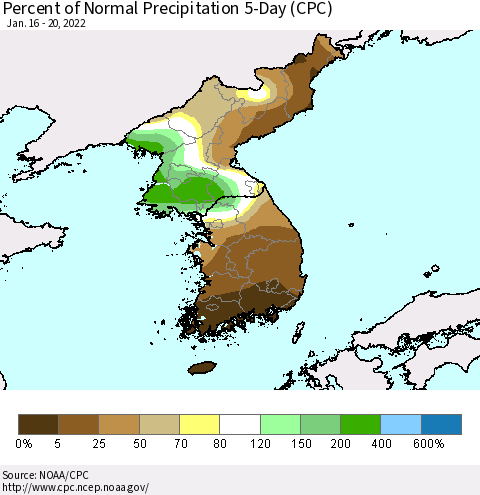 Korea Percent of Normal Precipitation 5-Day (CPC) Thematic Map For 1/16/2022 - 1/20/2022
