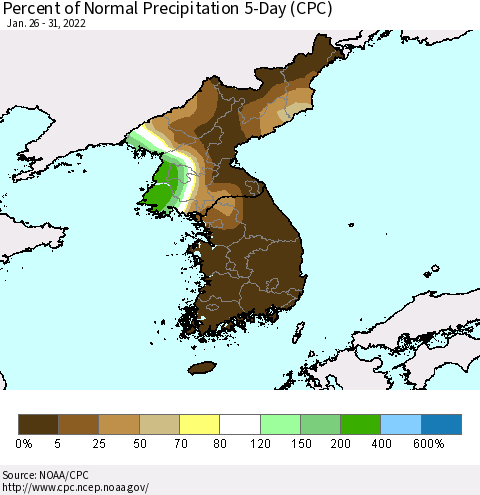 Korea Percent of Normal Precipitation 5-Day (CPC) Thematic Map For 1/26/2022 - 1/31/2022