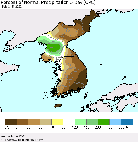 Korea Percent of Normal Precipitation 5-Day (CPC) Thematic Map For 2/1/2022 - 2/5/2022