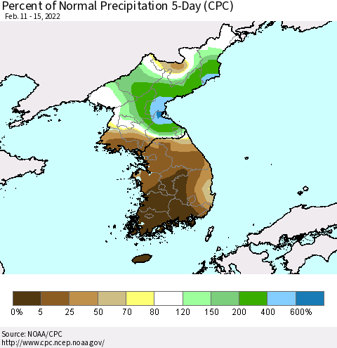 Korea Percent of Normal Precipitation 5-Day (CPC) Thematic Map For 2/11/2022 - 2/15/2022