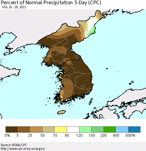Korea Percent of Normal Precipitation 5-Day (CPC) Thematic Map For 2/16/2022 - 2/20/2022