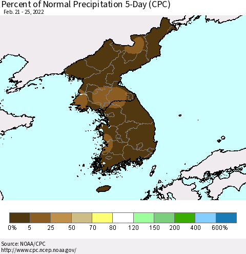 Korea Percent of Normal Precipitation 5-Day (CPC) Thematic Map For 2/21/2022 - 2/25/2022