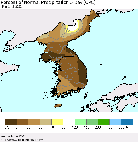 Korea Percent of Normal Precipitation 5-Day (CPC) Thematic Map For 3/1/2022 - 3/5/2022