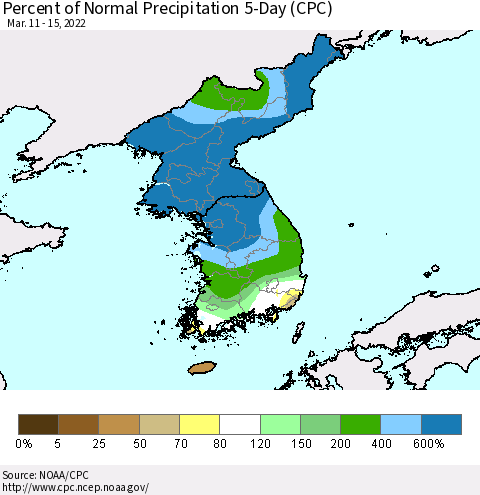 Korea Percent of Normal Precipitation 5-Day (CPC) Thematic Map For 3/11/2022 - 3/15/2022