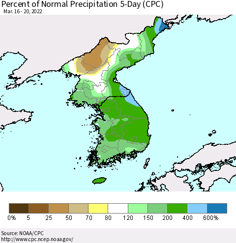 Korea Percent of Normal Precipitation 5-Day (CPC) Thematic Map For 3/16/2022 - 3/20/2022