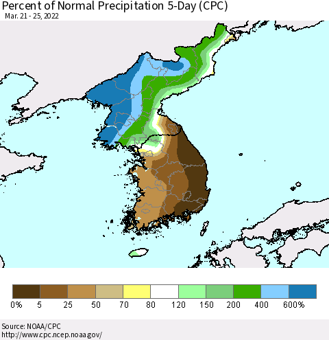 Korea Percent of Normal Precipitation 5-Day (CPC) Thematic Map For 3/21/2022 - 3/25/2022