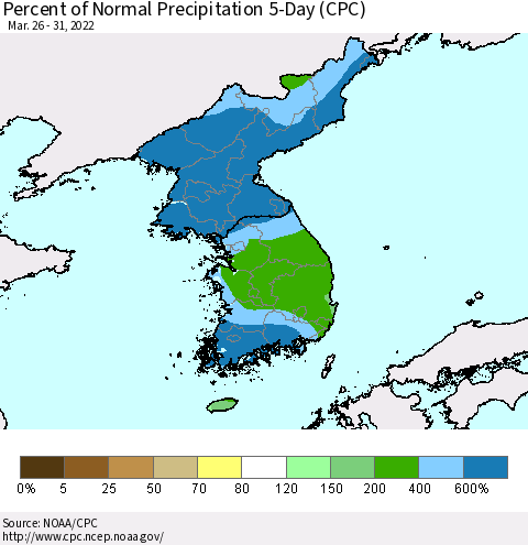Korea Percent of Normal Precipitation 5-Day (CPC) Thematic Map For 3/26/2022 - 3/31/2022