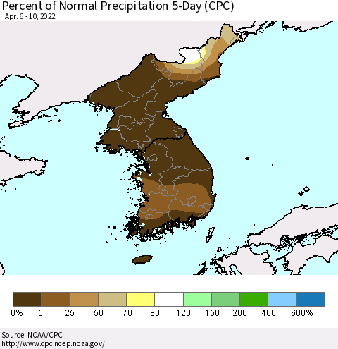 Korea Percent of Normal Precipitation 5-Day (CPC) Thematic Map For 4/6/2022 - 4/10/2022