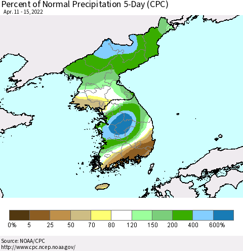 Korea Percent of Normal Precipitation 5-Day (CPC) Thematic Map For 4/11/2022 - 4/15/2022