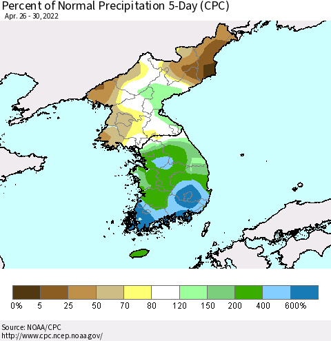 Korea Percent of Normal Precipitation 5-Day (CPC) Thematic Map For 4/26/2022 - 4/30/2022