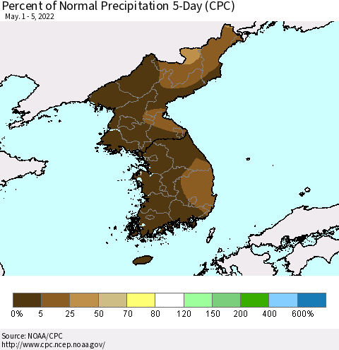 Korea Percent of Normal Precipitation 5-Day (CPC) Thematic Map For 5/1/2022 - 5/5/2022