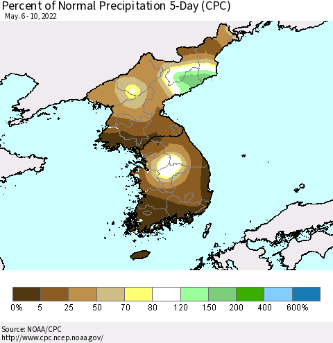 Korea Percent of Normal Precipitation 5-Day (CPC) Thematic Map For 5/6/2022 - 5/10/2022