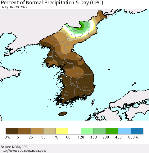 Korea Percent of Normal Precipitation 5-Day (CPC) Thematic Map For 5/16/2022 - 5/20/2022