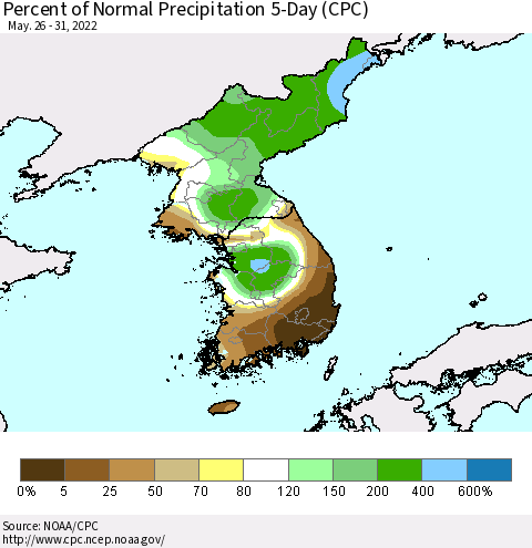 Korea Percent of Normal Precipitation 5-Day (CPC) Thematic Map For 5/26/2022 - 5/31/2022