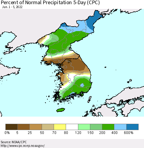 Korea Percent of Normal Precipitation 5-Day (CPC) Thematic Map For 6/1/2022 - 6/5/2022