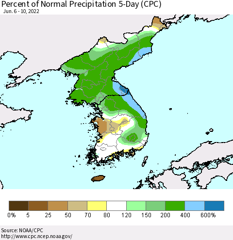 Korea Percent of Normal Precipitation 5-Day (CPC) Thematic Map For 6/6/2022 - 6/10/2022