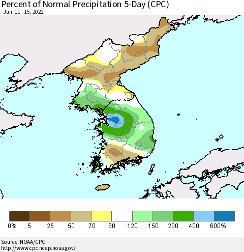 Korea Percent of Normal Precipitation 5-Day (CPC) Thematic Map For 6/11/2022 - 6/15/2022