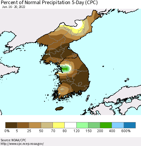 Korea Percent of Normal Precipitation 5-Day (CPC) Thematic Map For 6/16/2022 - 6/20/2022