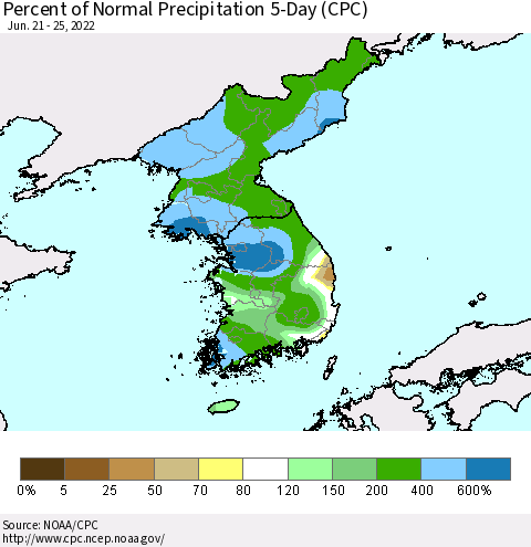 Korea Percent of Normal Precipitation 5-Day (CPC) Thematic Map For 6/21/2022 - 6/25/2022