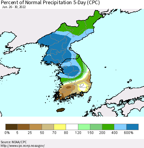 Korea Percent of Normal Precipitation 5-Day (CPC) Thematic Map For 6/26/2022 - 6/30/2022