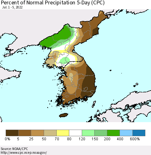 Korea Percent of Normal Precipitation 5-Day (CPC) Thematic Map For 7/1/2022 - 7/5/2022