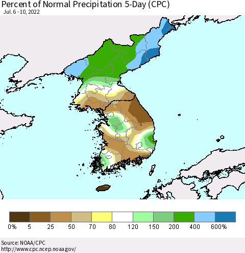 Korea Percent of Normal Precipitation 5-Day (CPC) Thematic Map For 7/6/2022 - 7/10/2022