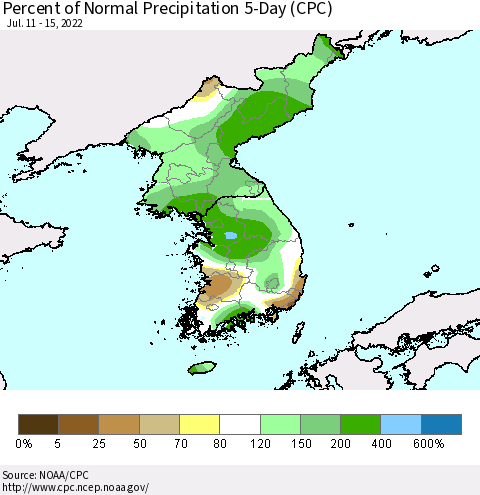 Korea Percent of Normal Precipitation 5-Day (CPC) Thematic Map For 7/11/2022 - 7/15/2022