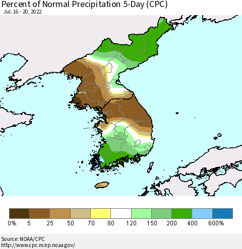 Korea Percent of Normal Precipitation 5-Day (CPC) Thematic Map For 7/16/2022 - 7/20/2022