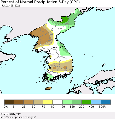 Korea Percent of Normal Precipitation 5-Day (CPC) Thematic Map For 7/21/2022 - 7/25/2022