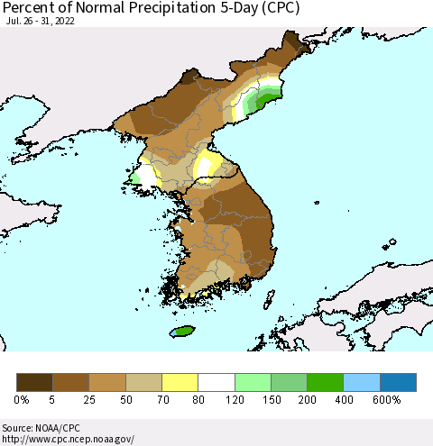 Korea Percent of Normal Precipitation 5-Day (CPC) Thematic Map For 7/26/2022 - 7/31/2022