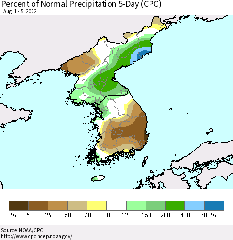 Korea Percent of Normal Precipitation 5-Day (CPC) Thematic Map For 8/1/2022 - 8/5/2022