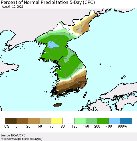 Korea Percent of Normal Precipitation 5-Day (CPC) Thematic Map For 8/6/2022 - 8/10/2022