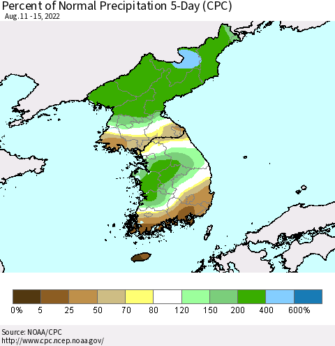 Korea Percent of Normal Precipitation 5-Day (CPC) Thematic Map For 8/11/2022 - 8/15/2022
