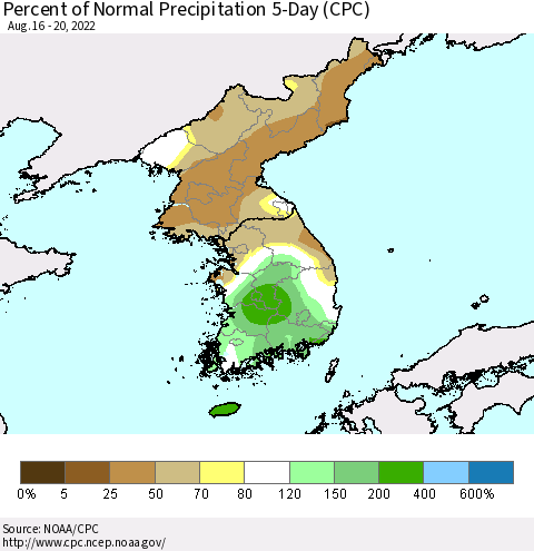 Korea Percent of Normal Precipitation 5-Day (CPC) Thematic Map For 8/16/2022 - 8/20/2022