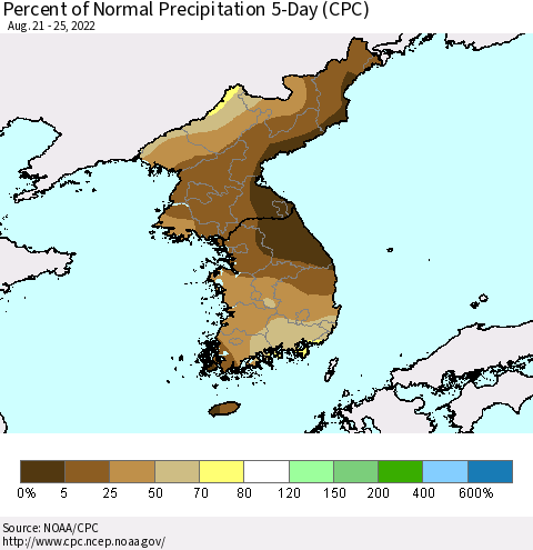 Korea Percent of Normal Precipitation 5-Day (CPC) Thematic Map For 8/21/2022 - 8/25/2022