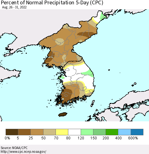 Korea Percent of Normal Precipitation 5-Day (CPC) Thematic Map For 8/26/2022 - 8/31/2022