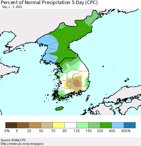 Korea Percent of Normal Precipitation 5-Day (CPC) Thematic Map For 9/1/2022 - 9/5/2022